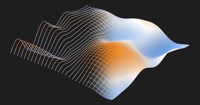 A 3D surface that starts on the left as parallel sine-wave curves and, as more waves are added, fills in as the smooth fluid swirl the model predicts on the right